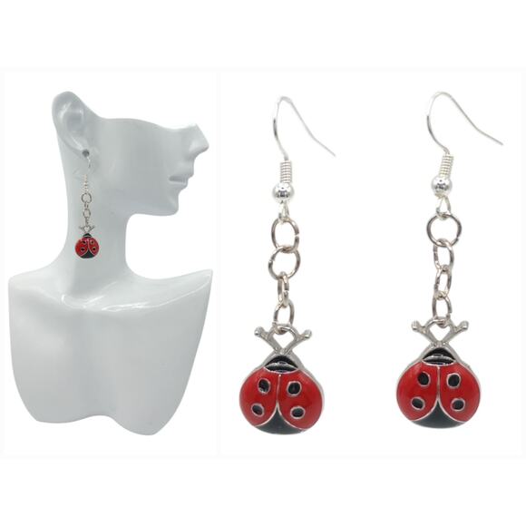 Ladybug Charm Dangle Earrings – Cute Red & Black Jewelry Lady Bug jewelry - Picture 4 of 4